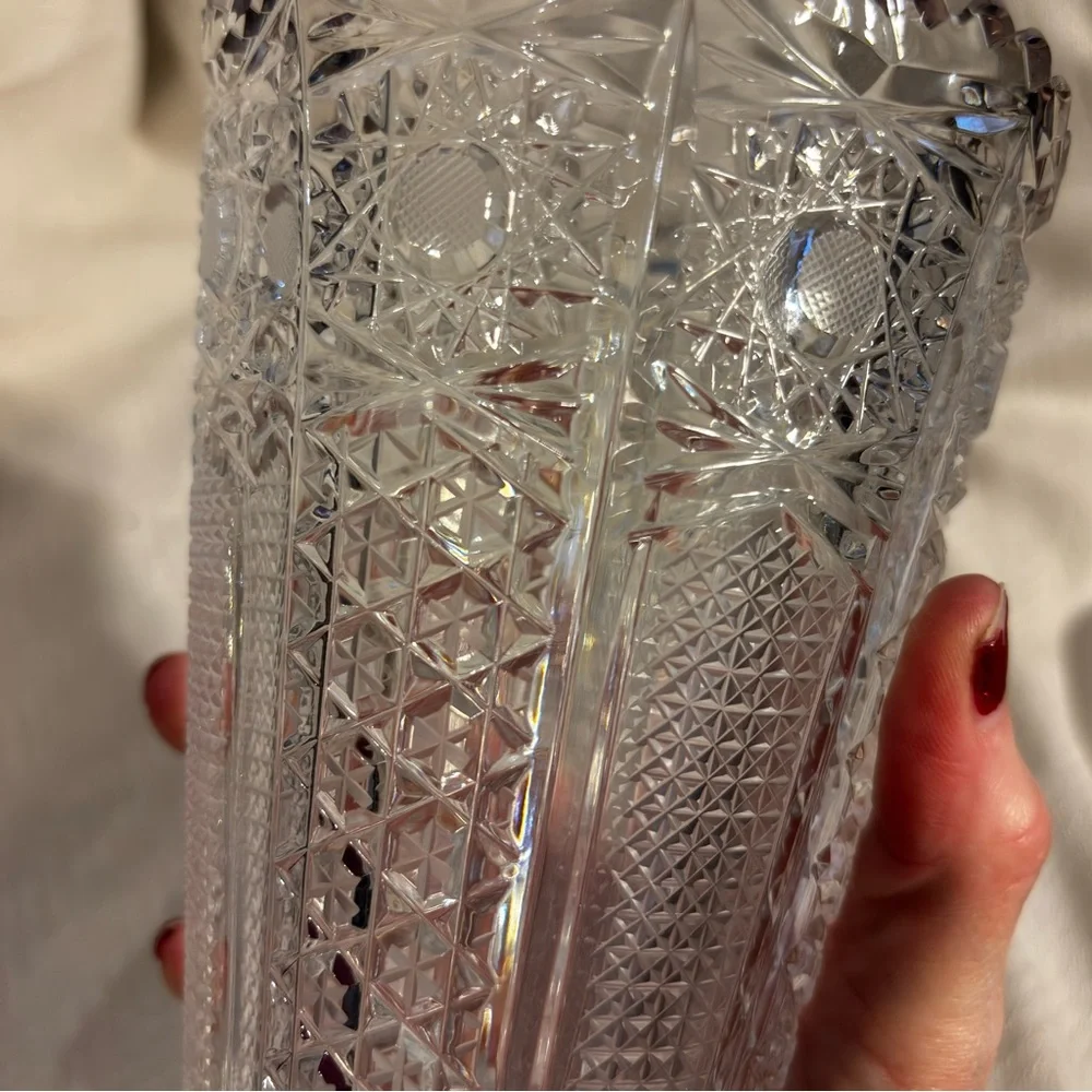Vintage Cut Glass Crystal Style Vase Starburst Hobstar Pattern - Picture 8 of 12